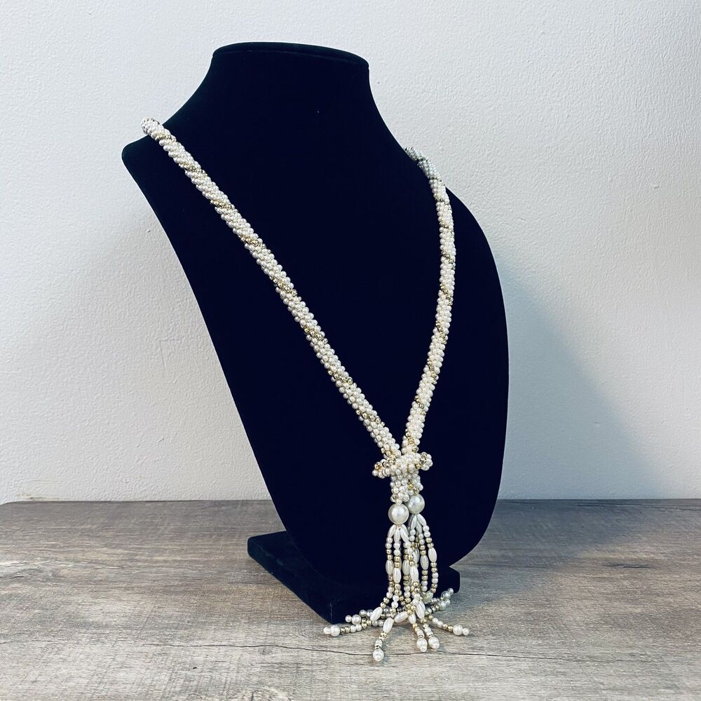 Vintage 1950’s White Round woven Faux pearl Necklace Tassel Knot White Gold 26”